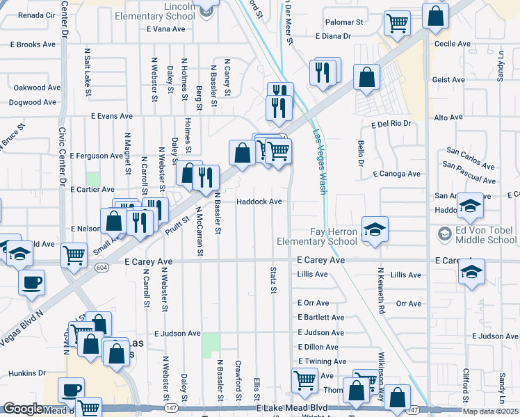 map of restaurants, bars, coffee shops, grocery stores, and more near 2532 Ellis Street in North Las Vegas