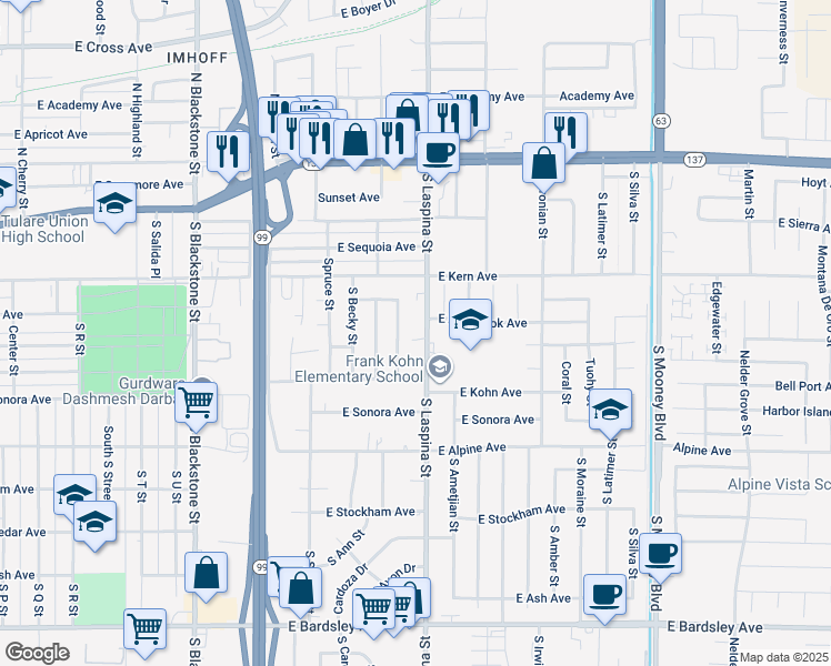 map of restaurants, bars, coffee shops, grocery stores, and more near 495 South Laspina Street in Tulare