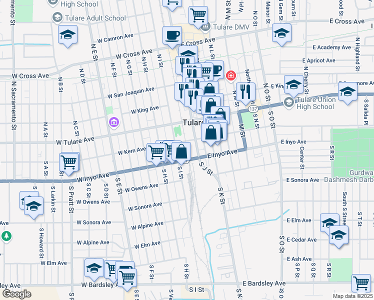 map of restaurants, bars, coffee shops, grocery stores, and more near 26 California 137 in Tulare
