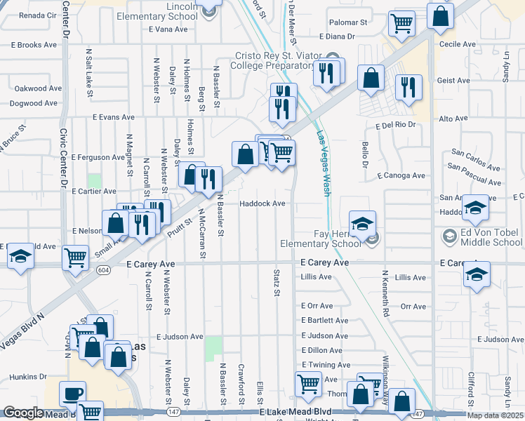 map of restaurants, bars, coffee shops, grocery stores, and more near 2532 Ellis Street in North Las Vegas