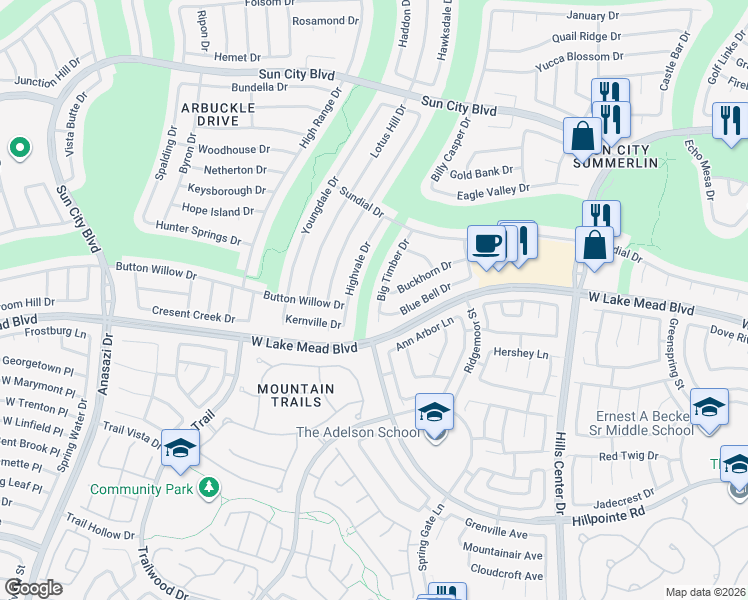 map of restaurants, bars, coffee shops, grocery stores, and more near 2521 Big Timber Drive in Las Vegas