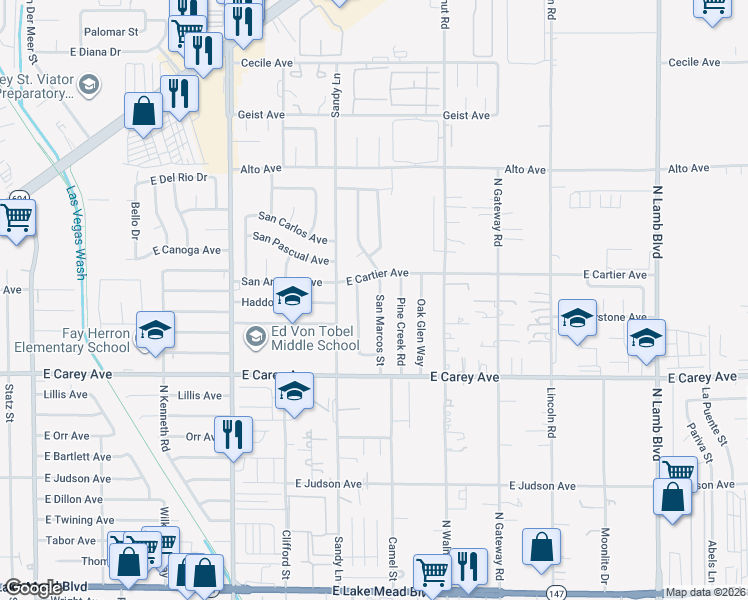 map of restaurants, bars, coffee shops, grocery stores, and more near 2549 San Marcos Street in Las Vegas