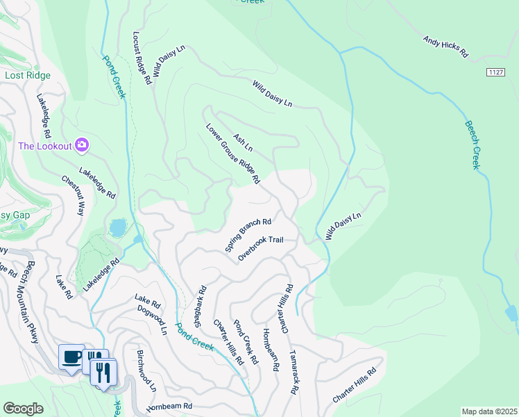 map of restaurants, bars, coffee shops, grocery stores, and more near 107 Blackberry Trail in Beech Mountain