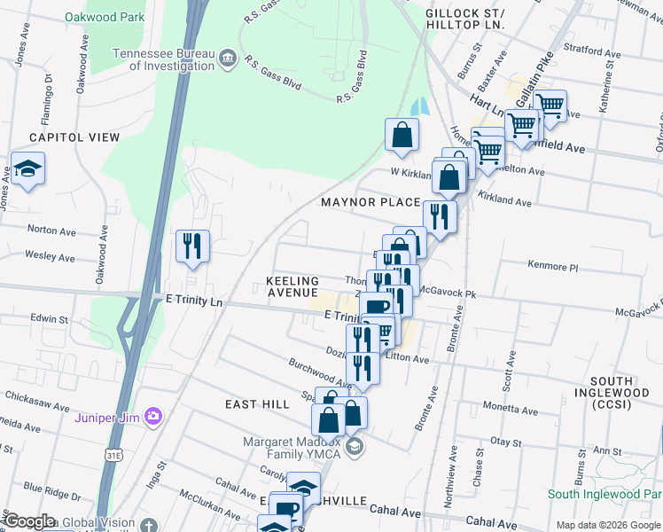 map of restaurants, bars, coffee shops, grocery stores, and more near 917 Thomas Avenue in Nashville