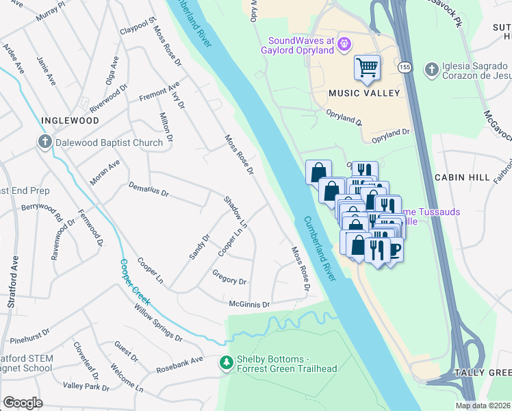 map of restaurants, bars, coffee shops, grocery stores, and more near 2811 Cooper Lane in Nashville