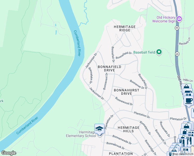 map of restaurants, bars, coffee shops, grocery stores, and more near 7014 Bonnamere Drive in Nashville