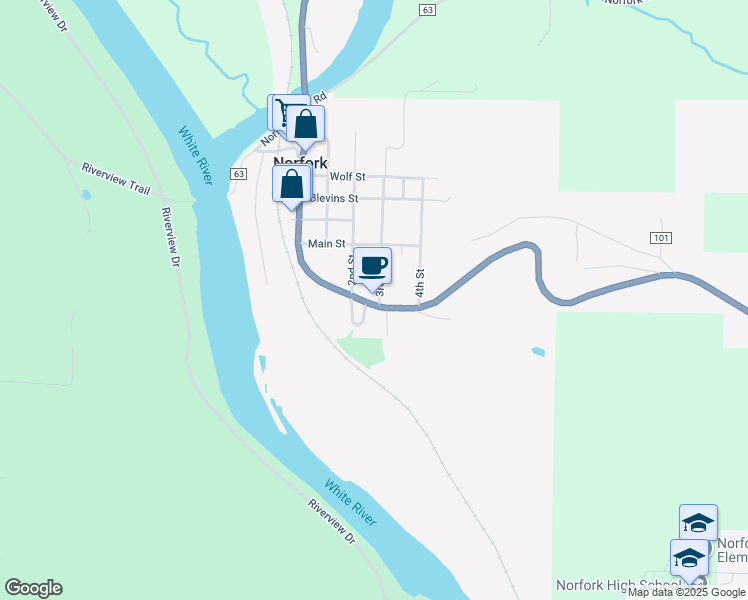 map of restaurants, bars, coffee shops, grocery stores, and more near 14198 Highway 5 in Norfork