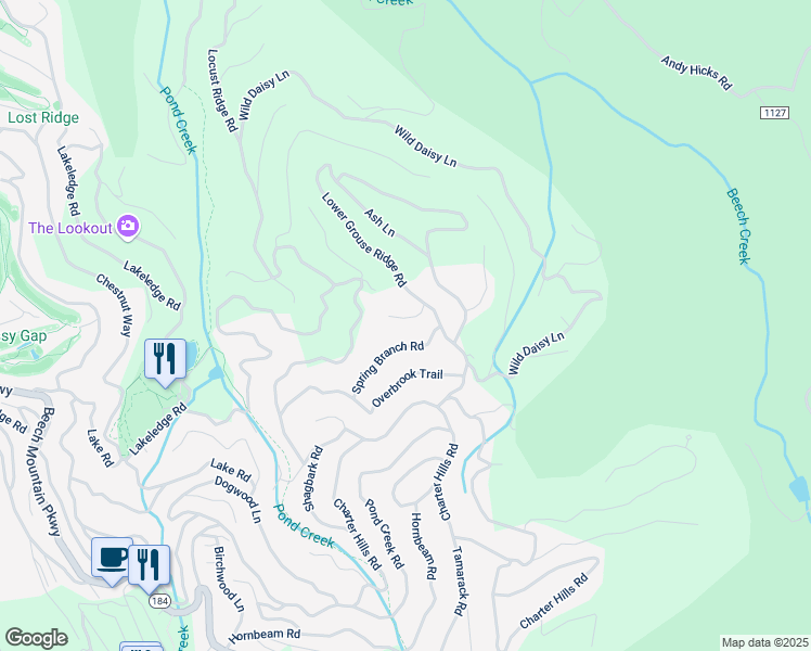 map of restaurants, bars, coffee shops, grocery stores, and more near 107 Blackberry Trail in Beech Mountain