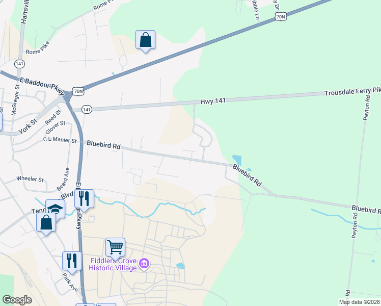 map of restaurants, bars, coffee shops, grocery stores, and more near 1286 Dinah Street in Lebanon