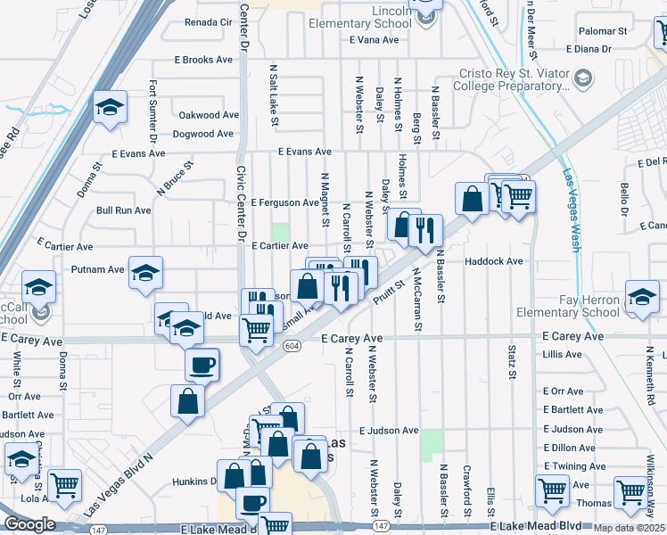 map of restaurants, bars, coffee shops, grocery stores, and more near 2511 North Carroll Street in North Las Vegas