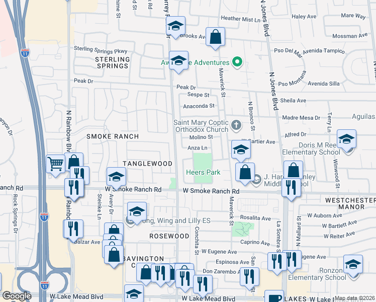 map of restaurants, bars, coffee shops, grocery stores, and more near 6320 Pedro Place in Las Vegas