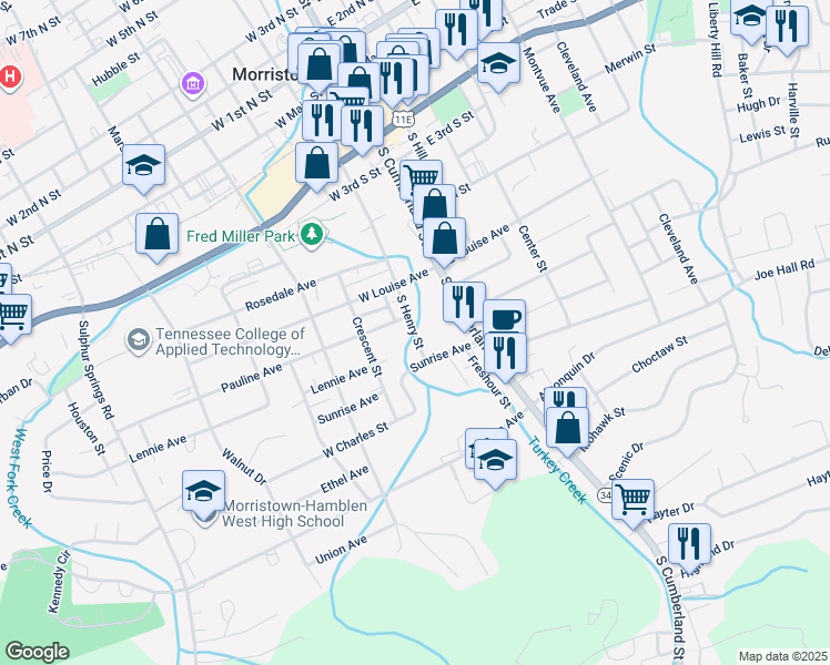 map of restaurants, bars, coffee shops, grocery stores, and more near 741 South Henry Street in Morristown