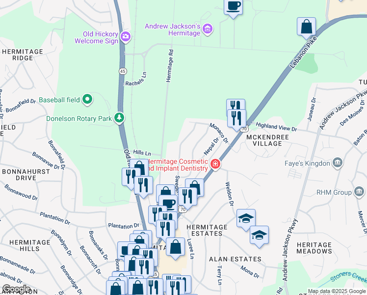 map of restaurants, bars, coffee shops, grocery stores, and more near 4253 Sweden Drive in Nashville