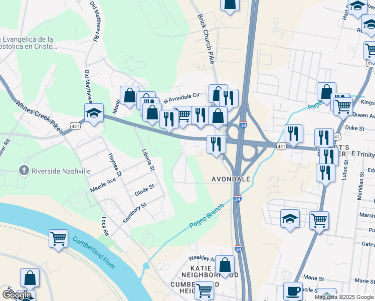 map of restaurants, bars, coffee shops, grocery stores, and more near 310 West Trinity Lane in Nashville