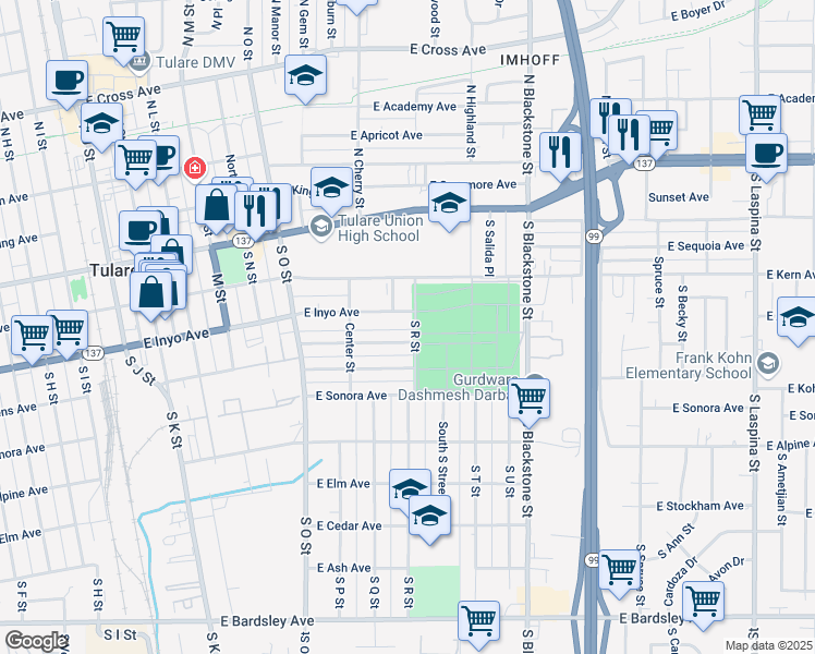 map of restaurants, bars, coffee shops, grocery stores, and more near 361 South R Street in Tulare