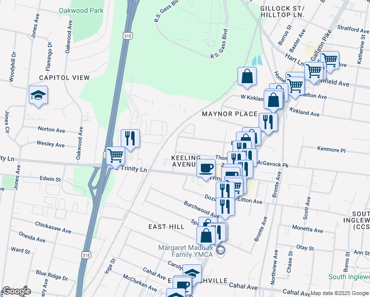 map of restaurants, bars, coffee shops, grocery stores, and more near 909A Thomas Avenue in Nashville
