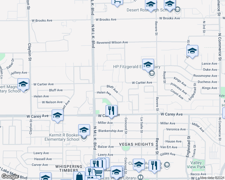 map of restaurants, bars, coffee shops, grocery stores, and more near 1217 Bluff Avenue in North Las Vegas