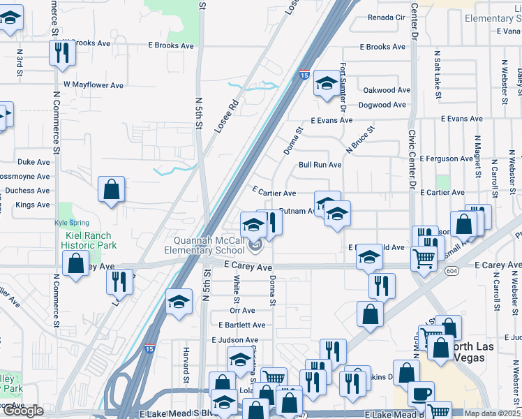 map of restaurants, bars, coffee shops, grocery stores, and more near 2525 Donna Street in North Las Vegas