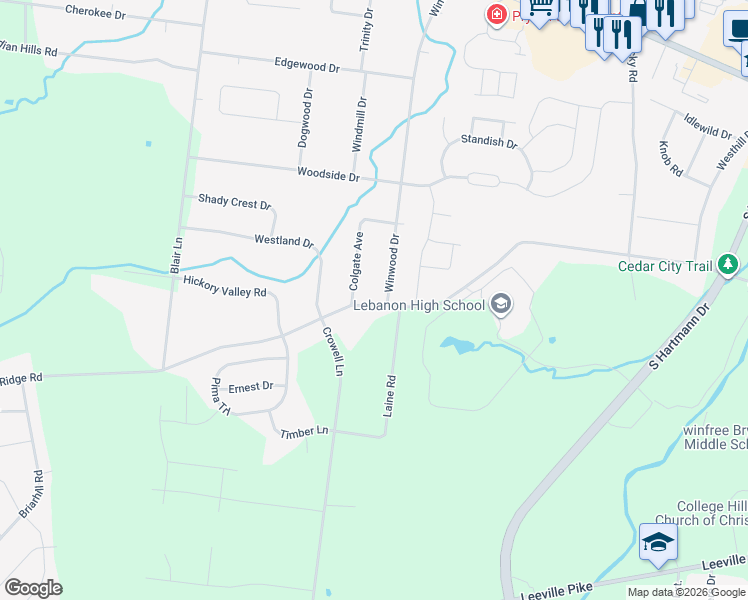 map of restaurants, bars, coffee shops, grocery stores, and more near 2336 Hickory Ridge Road in Lebanon