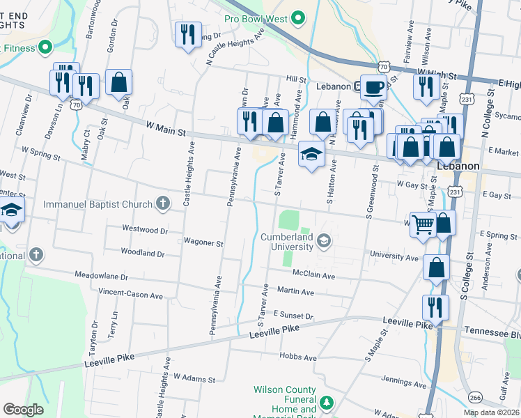 map of restaurants, bars, coffee shops, grocery stores, and more near 516 West Spring Street in Lebanon