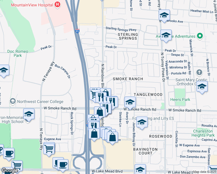 map of restaurants, bars, coffee shops, grocery stores, and more near 2500 North Rainbow Boulevard in Las Vegas