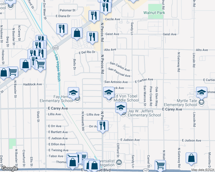 map of restaurants, bars, coffee shops, grocery stores, and more near 3804 Haddock Avenue in Las Vegas