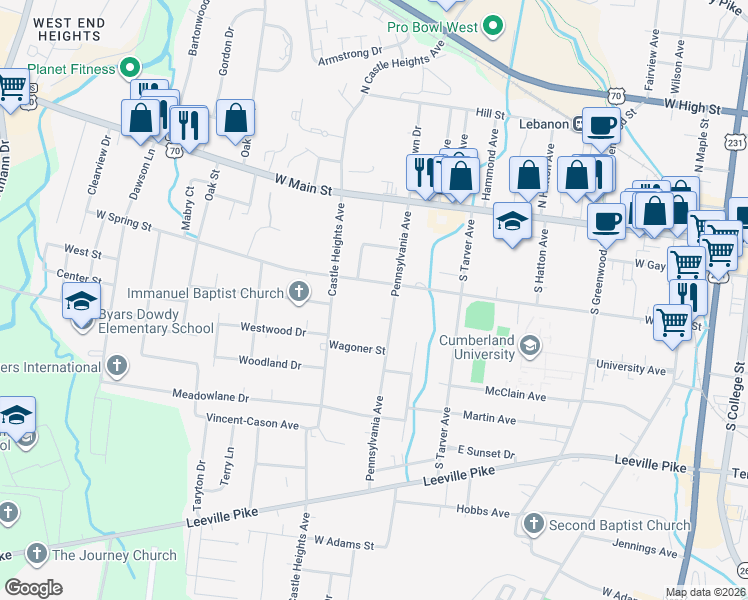 map of restaurants, bars, coffee shops, grocery stores, and more near 212 Pennsylvania Avenue in Lebanon