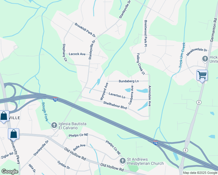 map of restaurants, bars, coffee shops, grocery stores, and more near 725 Laverton Lane in Rural Hall