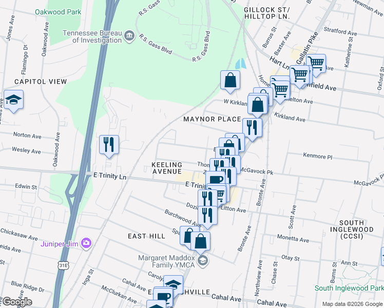 map of restaurants, bars, coffee shops, grocery stores, and more near 933 Thomas Avenue in Nashville