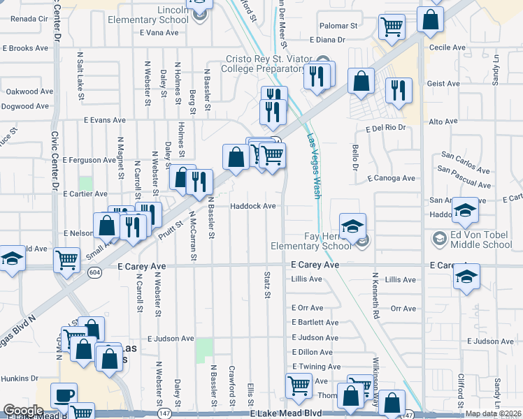 map of restaurants, bars, coffee shops, grocery stores, and more near 2521 Statz Street in North Las Vegas