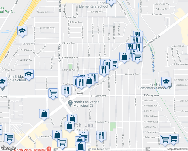 map of restaurants, bars, coffee shops, grocery stores, and more near 2520 North Webster Street in North Las Vegas
