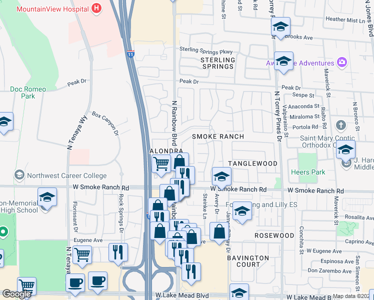 map of restaurants, bars, coffee shops, grocery stores, and more near 6677 Coral Falls Circle in Las Vegas
