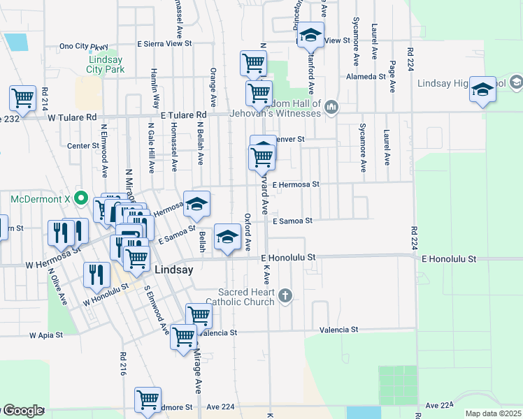 map of restaurants, bars, coffee shops, grocery stores, and more near 206 Oxford Avenue in Lindsay