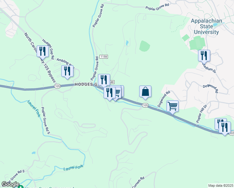 map of restaurants, bars, coffee shops, grocery stores, and more near 2586 Highway 105 in Boone