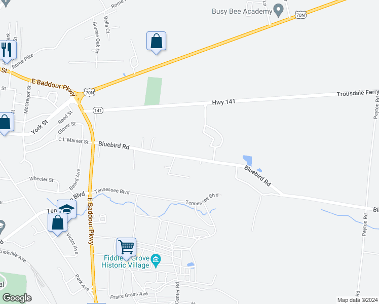 map of restaurants, bars, coffee shops, grocery stores, and more near 1200 Bluebird Road in Lebanon