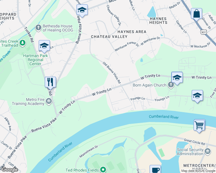 map of restaurants, bars, coffee shops, grocery stores, and more near 1012 West Trinity Lane in Nashville