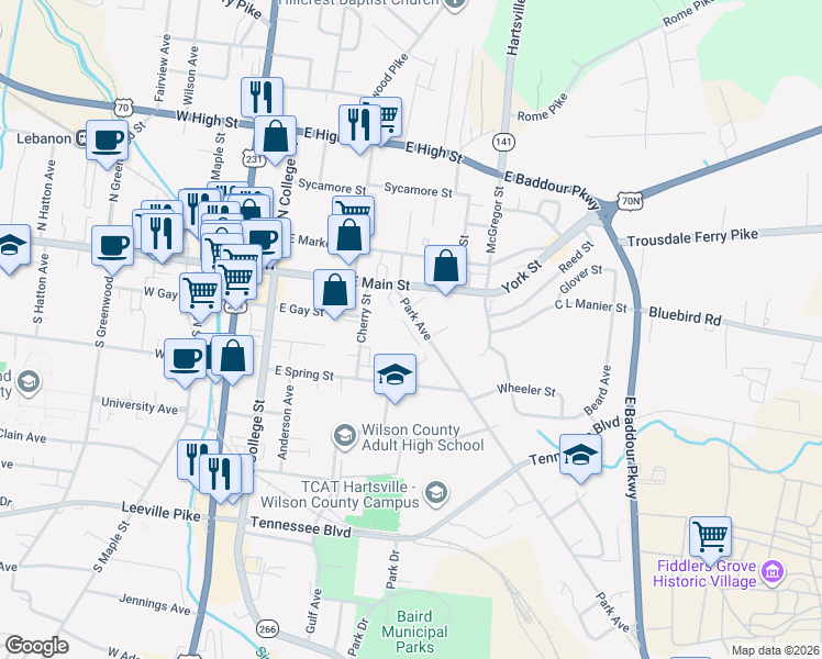 map of restaurants, bars, coffee shops, grocery stores, and more near 430 Park Avenue in Lebanon