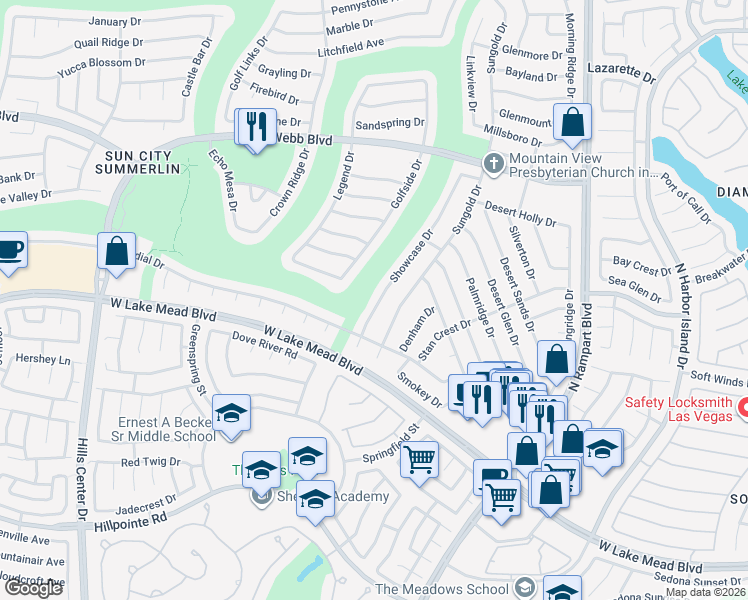 map of restaurants, bars, coffee shops, grocery stores, and more near 2517 Showcase Drive in Las Vegas