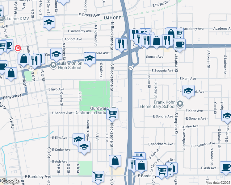 map of restaurants, bars, coffee shops, grocery stores, and more near 340 South Blackstone Street in Tulare