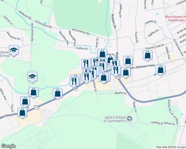 map of restaurants, bars, coffee shops, grocery stores, and more near 2222 West Andrew Johnson Highway in Morristown