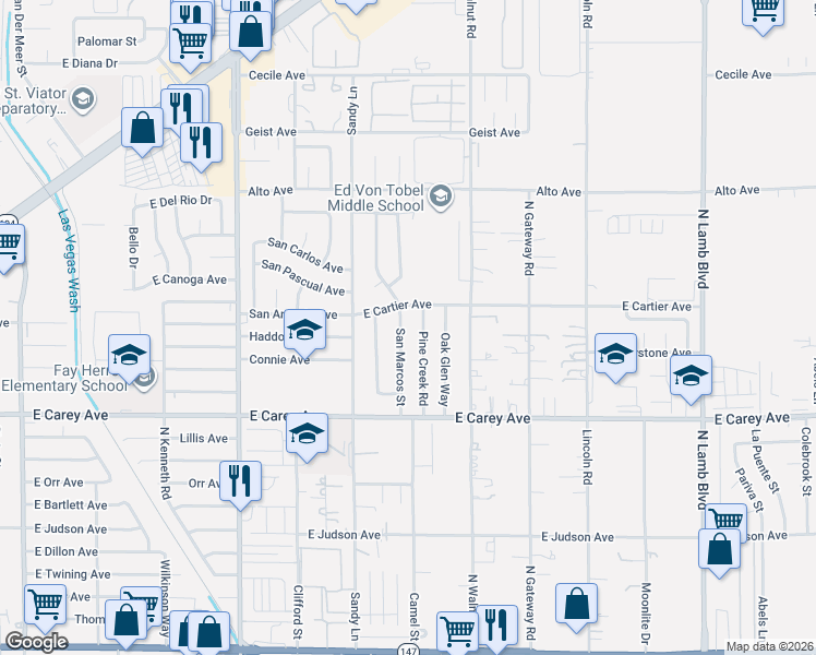 map of restaurants, bars, coffee shops, grocery stores, and more near 2534 San Marcos Street in Las Vegas