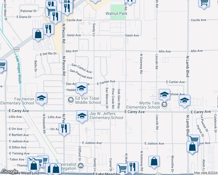 map of restaurants, bars, coffee shops, grocery stores, and more near 2564 San Marcos Street in Las Vegas