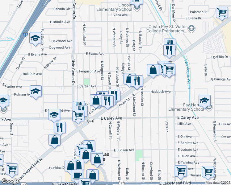 map of restaurants, bars, coffee shops, grocery stores, and more near 2520 North Webster Street in North Las Vegas