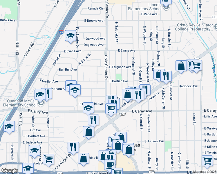 map of restaurants, bars, coffee shops, grocery stores, and more near 2533 North Saint George Street in North Las Vegas