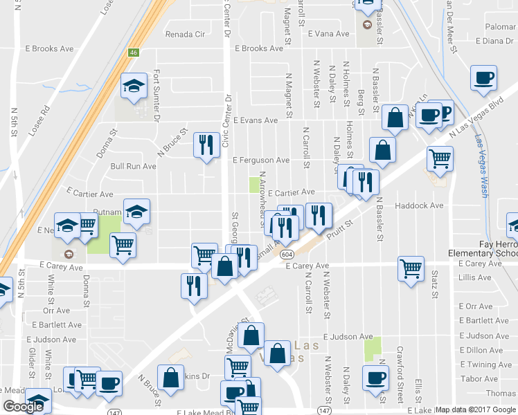 map of restaurants, bars, coffee shops, grocery stores, and more near 2533 North Arrowhead Street in North Las Vegas