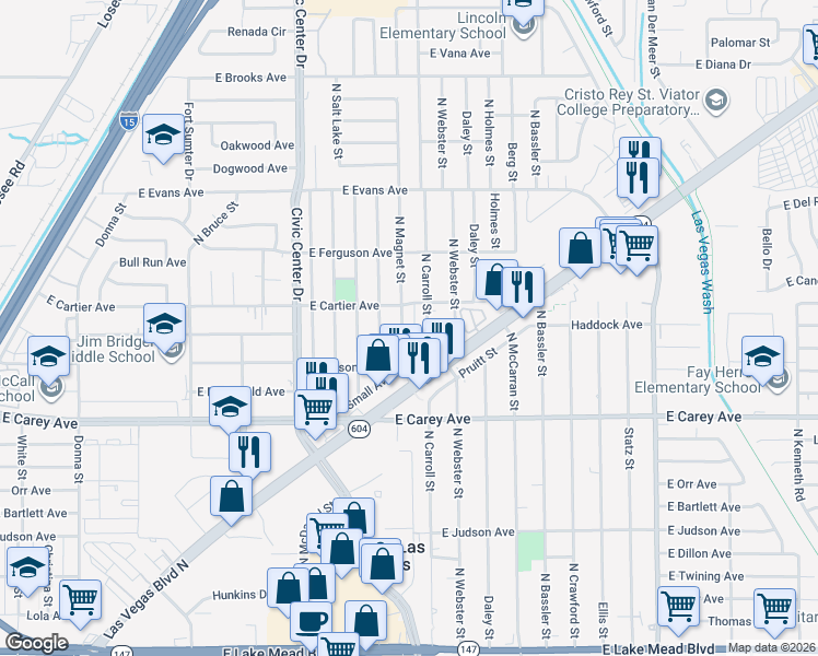 map of restaurants, bars, coffee shops, grocery stores, and more near 2511 North Carroll Street in North Las Vegas