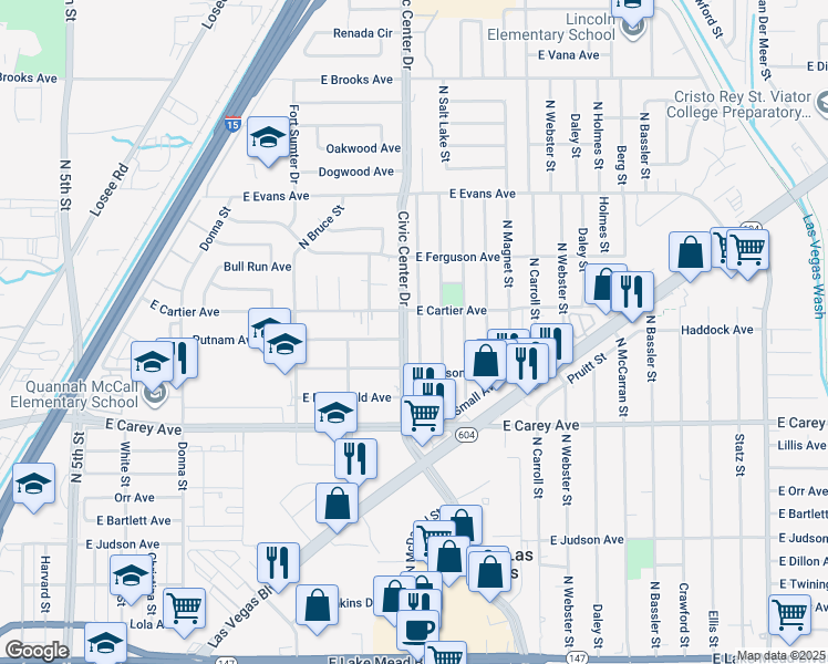 map of restaurants, bars, coffee shops, grocery stores, and more near 2533 North Saint George Street in North Las Vegas