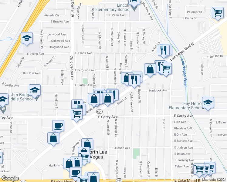 map of restaurants, bars, coffee shops, grocery stores, and more near 2529 North Webster Street in North Las Vegas