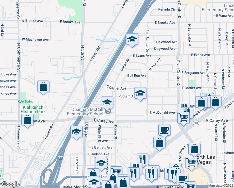 map of restaurants, bars, coffee shops, grocery stores, and more near 2515 Donna Street in North Las Vegas