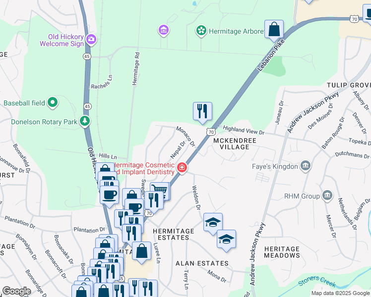 map of restaurants, bars, coffee shops, grocery stores, and more near 4261 Nepal Drive in Nashville